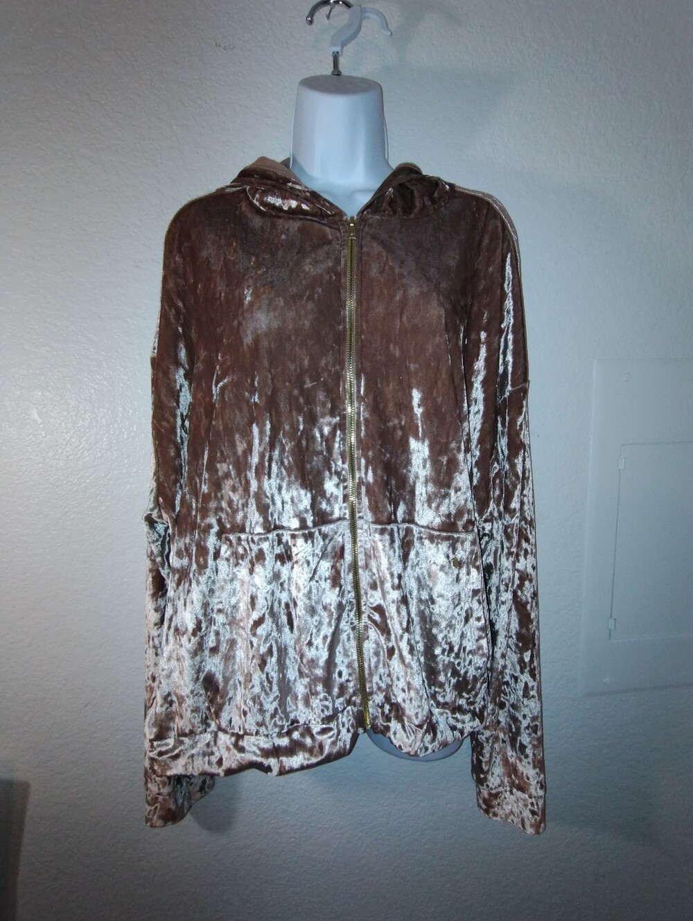 Athleta Crushed Velvet Zip-Up Hoodie Jacket. sz 1X Tan-Gold
